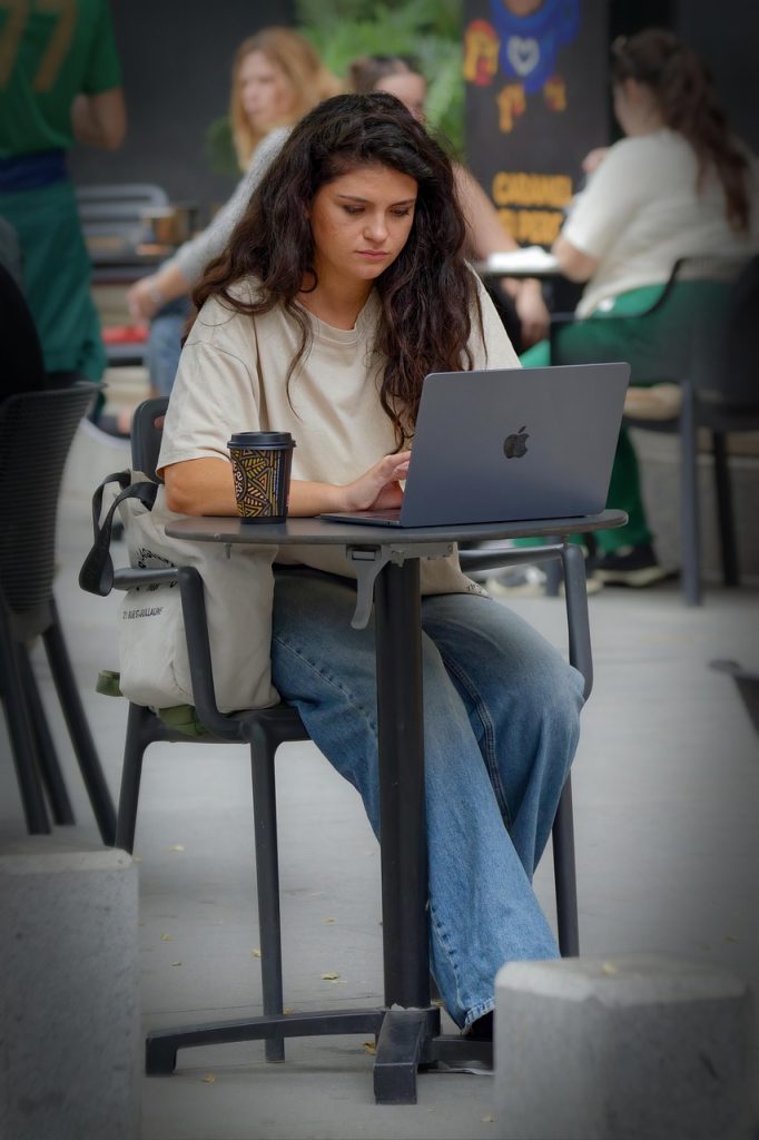 woman, casual, sitting, outdoor, laptop, sidewalk, street, working, lifestyle, urban